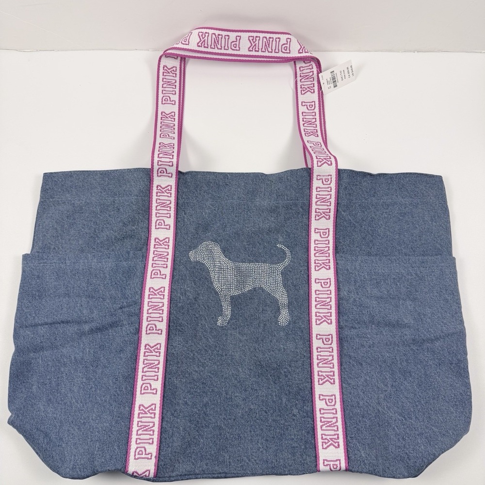 Victoria's Secret PINK Denim Tote Bag Rhinestone Dog Logo Blue Pink NWT